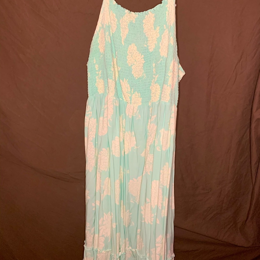 Baby blue and white flower Ankle length maxi Dress